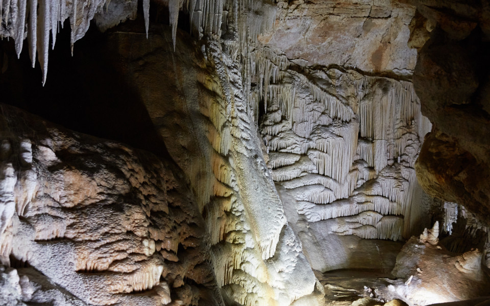 Mallorca Geheimtipp: Faszinierende Tropfsteinh&ouml;hlen der Coves de Campanet auf Mallorca mit beeindruckenden Stalaktiten- und Stalagmitenformationen in geheimnisvoller Atmosph&auml;re.