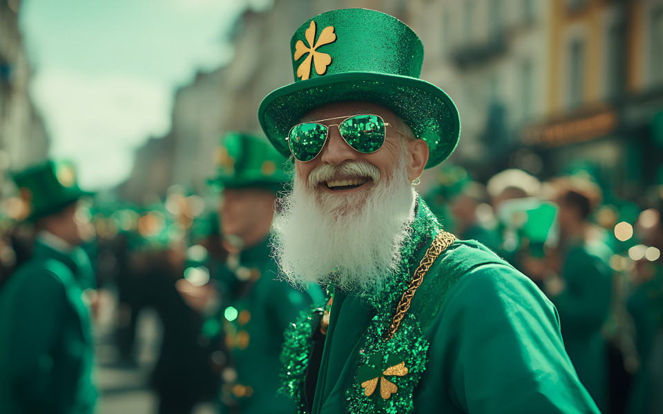 Lebendige Parade zum St. Patrick&rsquo;s Day in Irland: Feier des Erbes mit gr&uuml;ner, wei&szlig;er und goldener Pracht